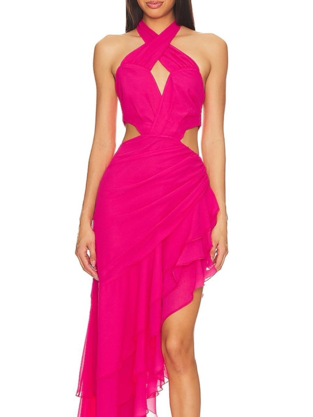 REVOLVE Hot Pink Crisscross Halter High-Low Ruffle Dress